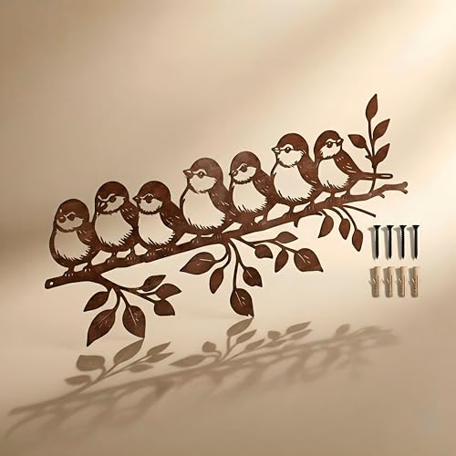 BGJJGT Metal Garden Wall Art Birds on Branch Silhouette Sculpture Rusty | Thickened metal, natural rustic finish, weatherproof, pre-drilled holes with wall screws included, for garden fence indoor