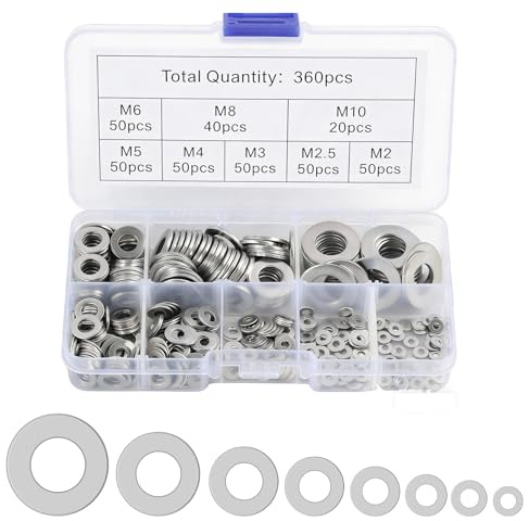 360PCS Stainless Large Flat Washer Set, Penny Washers for Screws and Bolts, M2 M2.5 M3 M4 M5 M6 M8 M10 Metal Washers for Screws, M6 Washers and Assorted for Durable Fastening