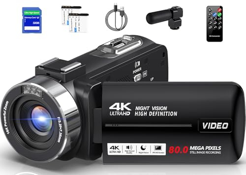Peryoua Camcorder Video Camera 4K HD 80MP Vlogging Camera for YouTube IR Night Vision Camera 18X Digital Zoom 3.0 IPS Screen Video Recorder with 32GB SD Card, 2 Batteries and Remote Control