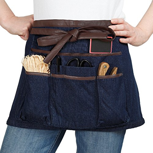 La cordeline TJC1BJSM 100% Cotton Short Apron for Gardening or DIY, Denim with Borders and Faux Leather Ties, 7 Pockets, Reinforced Stitching, TJC1BJSM Denim Blue 2 x 64 x 34 cm