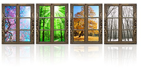 iHAPPYWALL 4 Seasons Modern Landscape Window Frame Style Wall Decor Spring Summer Autumn Winter Season Changes Forest with Sunshine Picture for Living Room Ready to Hang