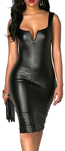 KUFV Fashion Long Dresses Women's Pu Leather Sleeveless Bodycon Pencil Party Bandage Dress