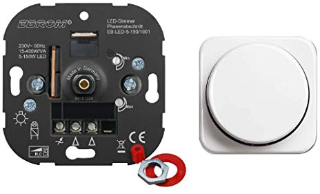 5 Jahre Garantie! EBROM® Unterputz LED Dimmer Drehdimmer + Busch Jäger Dimmerabdeckung 2115-214 alpinweiß ReflexSI, Phasenabschnitt, für LED 5-150 Watt + dimmbare Halogen etc. 15-400 W/VA