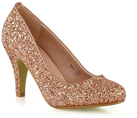Womens Bridal Wedding Low Heel Sparkly Prom Party Court Shoes Size 3 4 5 6 7 8 (UK 5 / EU 38 / US 7, Rose Gold Glitter)