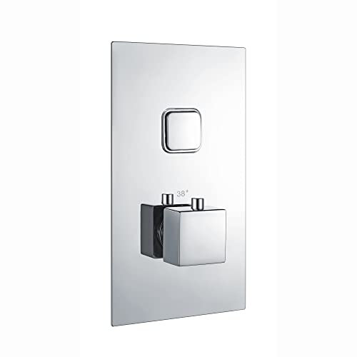 ENKI, Spello, TSV001, Thermostatic Concealed Shower Valve with Push Button, Twin Square Taps with Single Outlet, Modern Shower Valve, Chrome