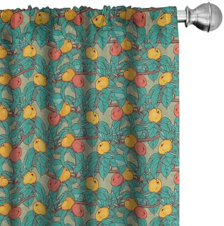 ABAKUHAUS Sommer Vorhänge, Gardinen, Apfelbaum-Frucht-Blätter Kunst, Fensterbehandlungen für Wohnzimmer Schlafzimmer Dekor, 2 Stück 75 cm b x 225 cm h, Türkis und Multicolor