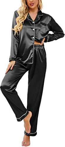 Ekouaer Women's Classic Button Down Long Satin Silk Pajama Set,Medium,Black