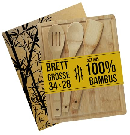 RONI Bambus Küchenutensilien | Schneidebrett Set | Küchenzubehör mit Bambusbrett zum Schneiden von Gemüse, Obst & Brot und Grillen | Öko Küchen Brett