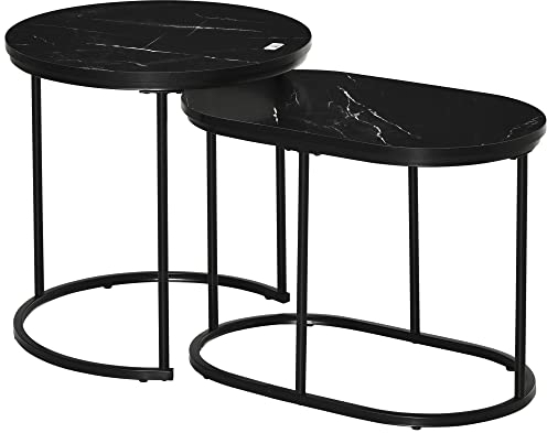 HOMCOM Couchtisch 2er Set Stapelbarer Beistelltisch mit Stahlrahmen, Wohnzimmertisch Kaffeetisch für Wohnzimmer Schlafzimmer Schwarz