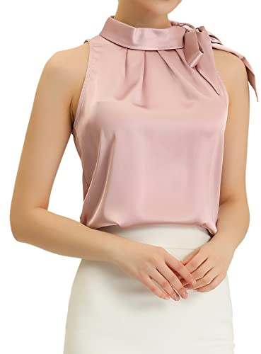 Allegra K Blusa Elegante de Satén Mujer Camisas sin Mangas con Lazo Y Cuello de Pajarita Chaleco Elegante Rosa L