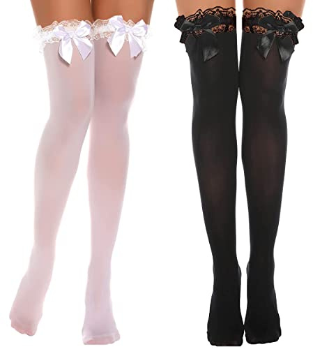 SamHeng 2 Paires Bas Autofixants pour Femmes avec Haut en Dentelle, Sexy Virer Bas de Cuisse avec Nœud en Satin, Bowknot Bas Collants en Soie pour Dames Filles Robe de Fantaisie (Blanc+Noir)