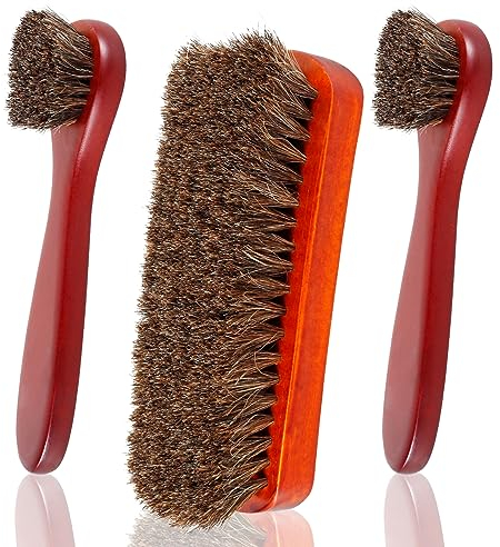 Shoe Brush Set,3Pcs Horsehair Shoes Brush Kit,Leather Shoes Polish Brushes with Long Handle,Soft Horsehair Boots Care Brushes,Horsehair Cleaning Brush Set for Shoes Boots Bags Car Seat