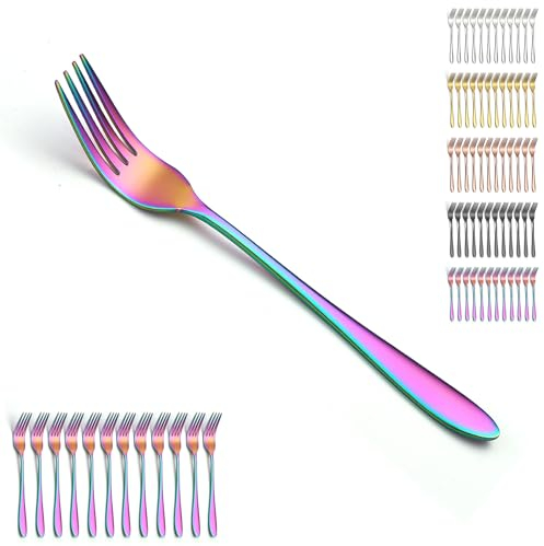 Berglander fourchettes de table arc-en-ciel 12pcs de 20,5 cm, ensemble de fourchettes à dîner en acier inoxydable plaqué titane coloré pour la maison, le restaurant, les repas quotidiens