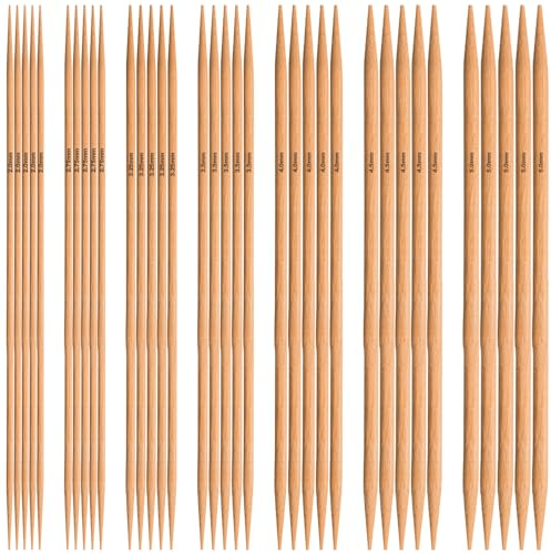 35 Stricknadeln für Socken,Stricknadel Bambus Set,7 Größen, Doppelspitze, Bambus,Nadelstärke 2 bis 5 mm,Handschuhe Hüte Schals Haustier Pullover,Nadelspiel Set für Handarbeit-21 cm Länge