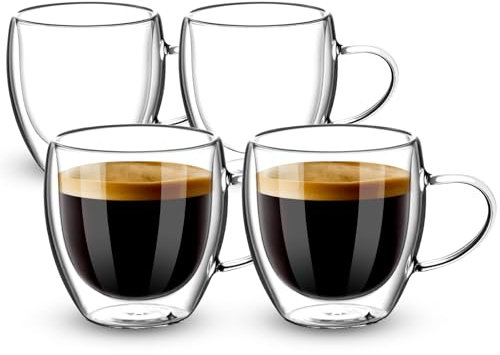 Esilihom 4 Pack Double Walled Coffee Glasses Mugs, 250ml/8.8oz Cappuccino Latte Macchiato Glasses Cups with Handle, Heat Resistant Borosilicate Glasses Cup for Coffee Tea Milk Juice Ice Cream
