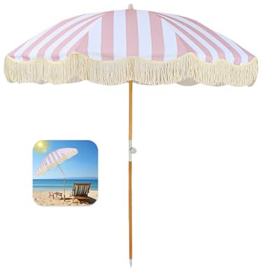 Gartenschirm 180cm Mit Quasten Strandschirm Neigbar Sonnenschirm Uv Schutz Terrassenschirm Windfest Wasserdicht Mit Tragetasche Für Garten Terrasse Pool Balkon/8 Rippen ( Color : Pink Stripe , Size :