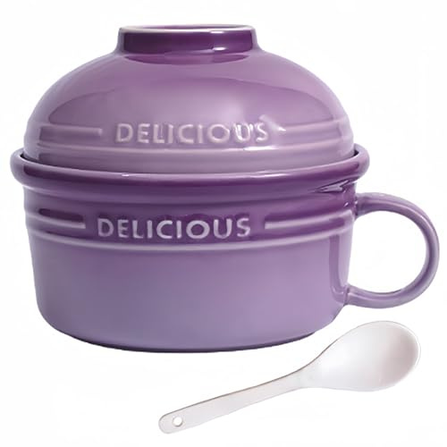 Dowbom Bol à nouilles instantanées en céramique - Bol à soupe en porcelaine avec couvercle et poignée - Bol à ramen (violet, 538,6 g)