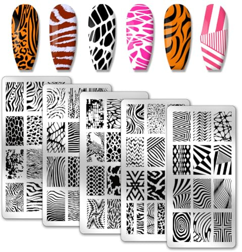 PH PandaHall 5 Stück Nagelstempelplatten Tiertextur Nail Art Platte Edelstahl Moo Schablone 12 x 6 cm