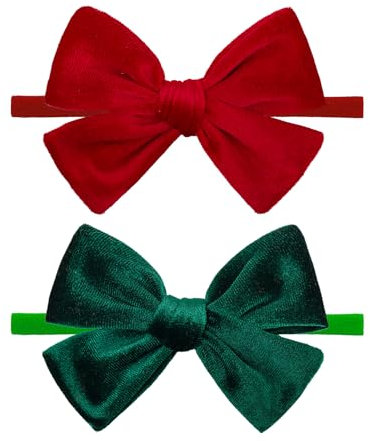 TELAIN 3 Stück Baby Haarbänder, Handgemachte Samt Haarschleifen, Elastische Nylon Haaraccessoires für Neugeborene Mädchen, Rot Grün