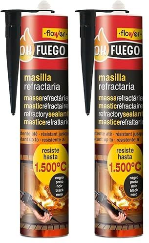 Flower - Masilla Refractaria Resistente Alta Temperatura 280 ml | Soporta hasta 1500°C | Ideal para Cocinas y Chimeneas | No Gotea, Aplicación con Pistola, Color Único (Paquete de 2)