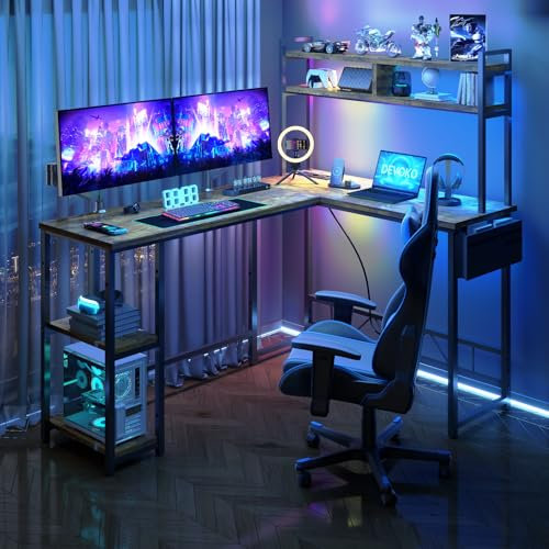 Devoko Gaming Tisch Eckschreibtisch 160x120 cm - LED-Beleuchtung, 2 Steckdosen + 2 USB-Anschlüsse, Vintage-Braun - Computertisch mit Stauraum für Gamer & Homeoffice