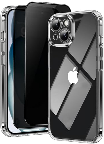 Aekyiwot 3 in 1 Handyhülle für iPhone 15 Hülle Klar mit 2 Stück Schutzfolie Privacy Schutz, [Nie Vergilbung] [Kameraschutz] Dünn Hard PC Kratzfest Stoßfest Schutzhülle Durchsichtig Case 6.1 Zoll