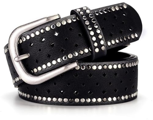 Jalach Cinturón con remaches para mujer, con agujero en estrella, cinturón ancho de piel, cinturón vaquero acortable, cinturón de piel con remaches, Negro , Talla única