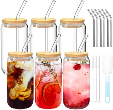 ZhouZGlass 480ml Glass Cups with Lids and Straws, Beer Glasses, Iced Coffee Glasses, Clear Cute Tumbler Cup, Ideal for Cocktail, Coke, Soda, Whiskey, Beer (6 PCS)