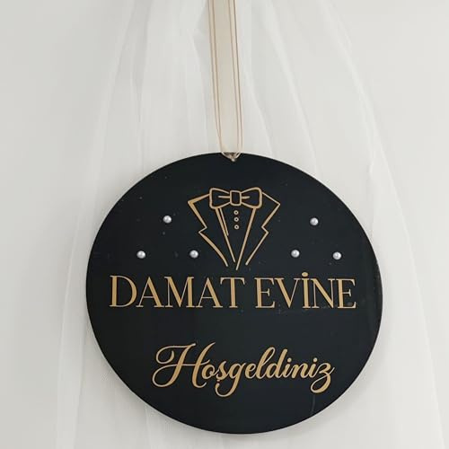 HD PRINT4YOU Acryl-Willkommensschild für Gelin Evine, Damat Evine, Kiz Evine Hosgeldiniz Türkische Hochzeitsdekoration, Plexi mit Perlen, 30 cm (Damat Evi)