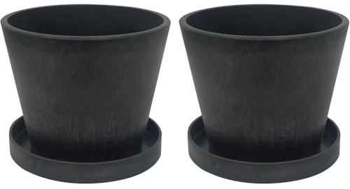 Olly & Rose Artstone Cloudy Black Pack 2 mit Untersetzern – 17 cm mittelgroße Blumentöpfe für drinnen und draußen – schwarze Pflanzgefäße – Blumentöpfe