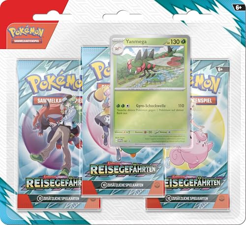 Pokémon-Sammelkartenspiel: 3er-Pack-Blister Karmesin & Purpur – Reisegefährten: Yanmega (3 Boosterpacks & 1 holografische Promokarte)