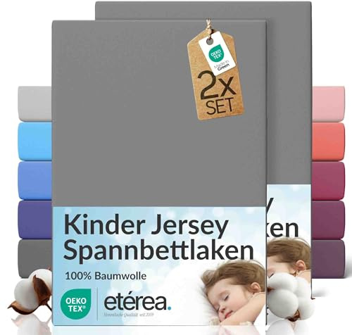 etérea Jersey 2er Set Spannbettlaken 80x160cm - 80x180cm Grau bis 20 cm Höhe - 100% Baumwolle Spannbetttuch Oekotex - Kinder Doppelpack Bettlaken 80x160 cm - 80x180 cm - Gray