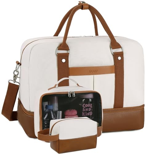 BOVIP Weekender Bags for Women Overnight Bag Large Canvas Travel Duffel Bag with Shoe Compartment Carry On Tote Bag 3Pcs Set Beige