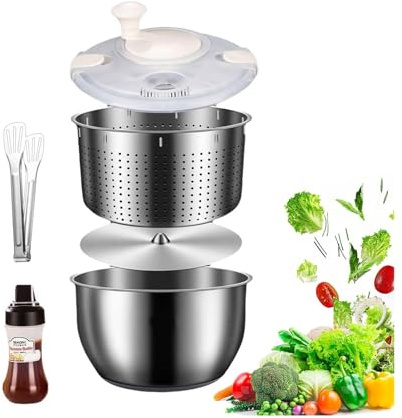 Stainless Steel Salad Spinner Pump Large Easy Compact Kitchen Tool Bowl Drain Colander Quick Spin Commercial with Non-Slip Base BPA-Free Lettuce Dishwasher Safe Transparent Lid Utensils Household