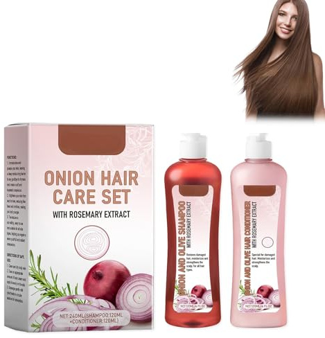 Onion and Olive Shampoo Conditioner Set, Cebolla y Romero Champú Set para el crecimiento del cabello y volumen, champú y acondicionador Set – 120 ml Duo contra la caída del cabello para un cabello más