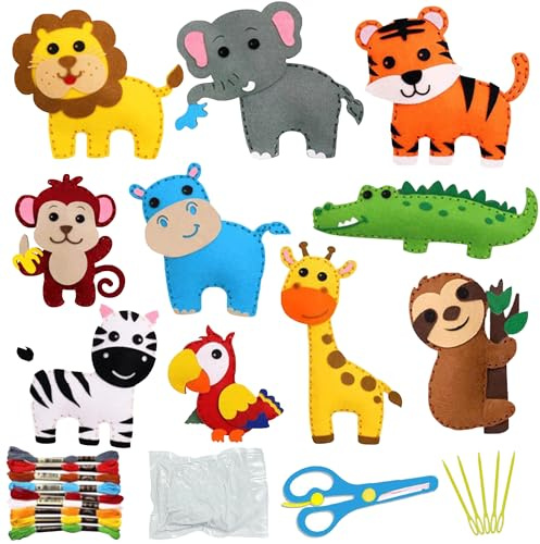 Nähset für Kinder, 10 Stück Filztiere Nähen Set, Pädagogisches DIY Handwerker Set für Anfänger, Tierformen Kuscheltiere Art Craft für Kinder und Anfänger Gefüllte Filz Plüsch Ornamente für Handwerk