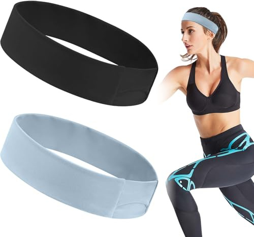 2Pcs Stirnband Damen Sport, Wicking Stretchy Stirnbands,Elastisch Headband Unisex Geeignet,Rutschfest Stirnband für Yoga,Fitness,Joggen,Workout(Schwarz+Blau)