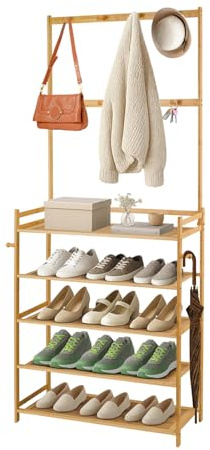 Trintion 5-lagiges Garderobe Kleiderständer mit Schuhablagen Garderobenständer mit Haken Spiegel Sitzbank Garderobe mit Haken 70 x 25 x 160 cm für Eingangsbereich Schlafzimmer Wohnzimmer