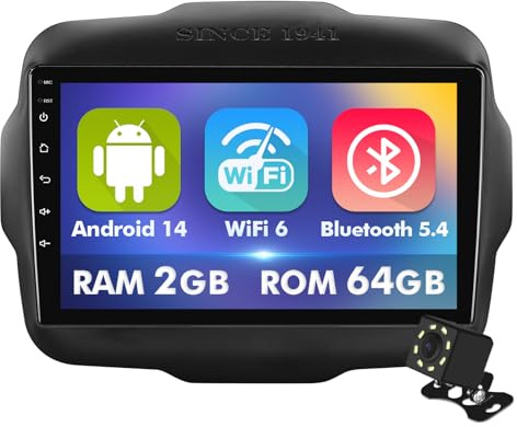 9 Inch IPS Touchscreen Android 14 Car Stereo for Jeep Renegade 2015-2020 with Wireless CarPlay & Android Auto 2+64GB Car Radio, Support WiFi 6, Bluetooth,5.4, Backup Camera, SWC