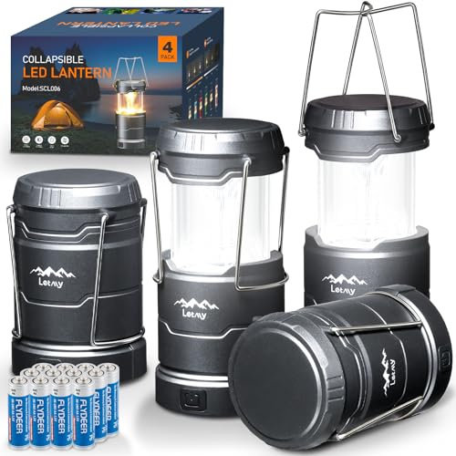 LETMY LED Camping Lantern for Power Outages, 3 Color Modes & Dimmable Battery Powered Lantern, IP65 Waterproof & Collapsible, Lanterns Flashlight Survival Kits for Emergency Hurricane Hiking, 4 Pack
