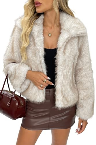 ELLEVEN Faux Fur Jacket Coat Women Winter Fluffy Warm Cropped Overcoat Furry Fuzzy Plush Shaggy Cardigan Casual Sexy Fashion Lapel Collar Long Sleeve Hidden Hooks Pockets Khaki & White Small