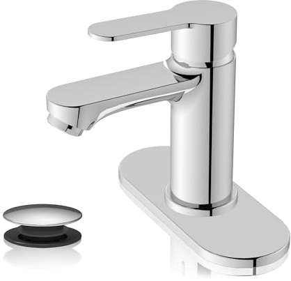 BELZ Bathroom Faucet, Single Handle Matte Black Sink Faucet for 1 or 3 Hole Installation, Modern Lead-Free Metal Vanity Faucet with Pop-Up Drain & Supply Hoses (Polished Chrome)