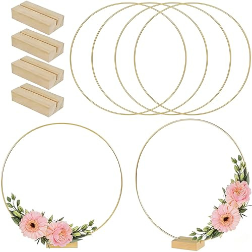 Metallringe Zum Basteln, 6er-Set Dekoring Mit Fuß, 20cm Metallring Mit Holzständer, DIY Deko Für Trockenblumenkranz, Hochzeitsdekoration, Tischdeko Und Wandschmuck