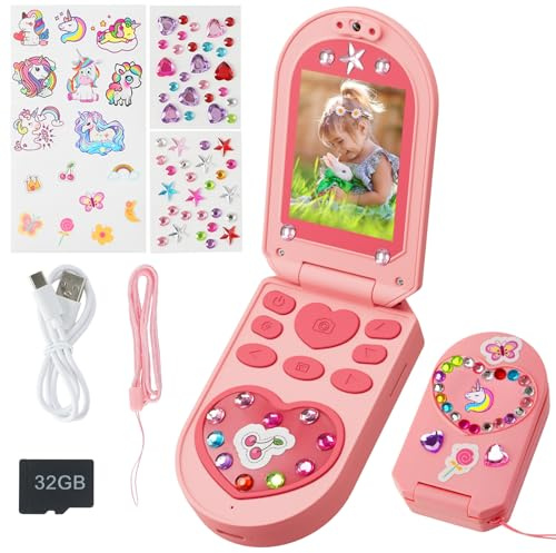 Teléfono Móvil Niño, Camara Fotos Infantil con Cámara Doble, 1080P Video, 5 Juegos Educativos, Regalos Juguete para Niñas y Niños de 3 a 12 Años Incluye Tarjeta SD 32G, Pegatinas Animadas y Diamantes
