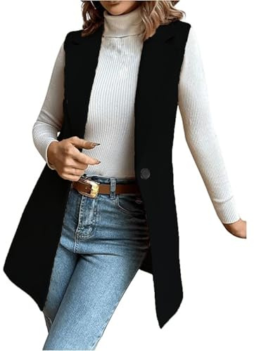 Gilet Femme Chic Et Elegant Grande Taille - Veste Blazer sans Manches Femme Blouson Couleur Pure Vestes Simple Gilet avec Bouton Vêtements avec Poches Blousons Casual Lâche Veste