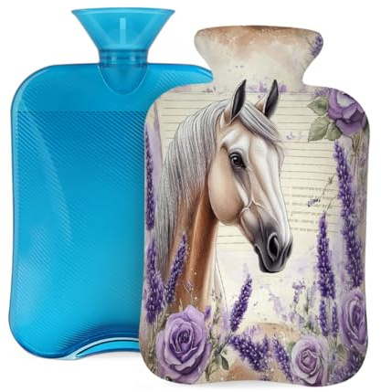 Mexpekil Wärmflasche mit weichem Flanellbezug, 2 l, großer Wärmbeutel zur Schmerzlinderung, warme Hände, Füße und Körper, ideales Geschenk für Erwachsene und Kinder (Lavendelrosen, Pferd)