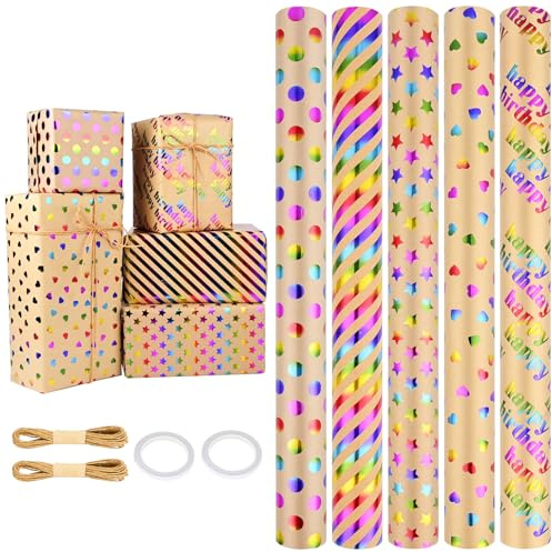 Geschenkpapier, Ambesty Geschenkpapier Geburtstag und 2 Rolle Band Weihnachten, Geschenkverpackung Papier für Weihnachten, Kindertag, Valentinstag, Muttertag
