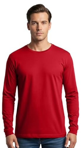 Men’s 100% Soft Organic Cotton Red Long Sleeve T-Shirt Crew Neck Casual Outings Running Workout Athletic Tee