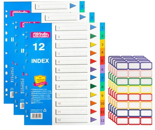 YCSHIPO File Dividers A4 3 Pack 12 Part Coloured Index Dividers with Sticky Notes for Office School Document Organization