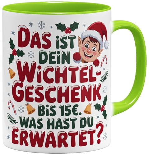OM3® Lustige Wichtelgeschenk Tasse bis 15 Euro - Humorvolle Spruchtasse für Wichtelrunde - Schrottwichteln - Wichteln - Keramik Becher - 325ml - Beidseitig Bedruckt - Hellgrün